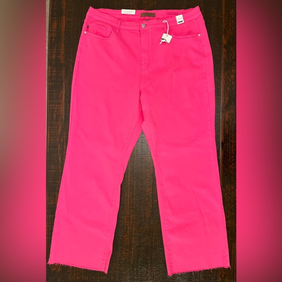 Judy Blue Size 24W High Waist Hot Pink Jeans Straight Leg Raw Hem Stretchy Comfy - Picture 4 of 14